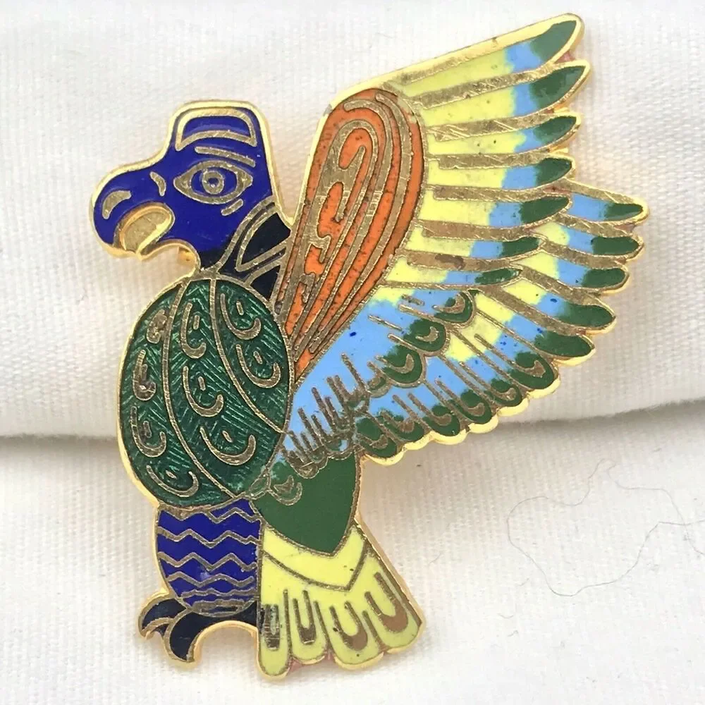 Parrot Macaws Vintage Pin Brooch Tiki Tropical Colorful Cloisonné Gold Tone